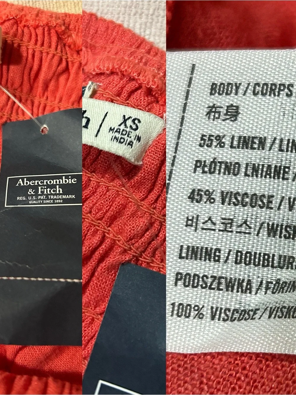 NWT Abercrombie Boho Summer Coral Smocked Linen Scrunchie Strap Maxi Dress XS